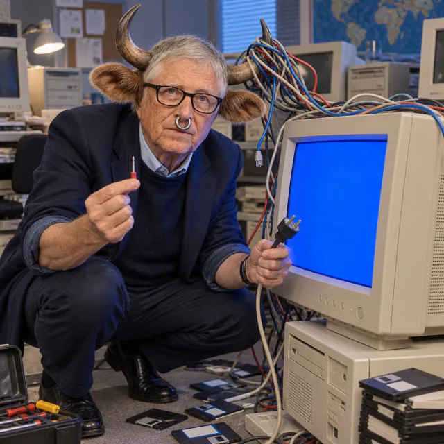 Bull Gates repairing a blue-screened beige computer with a tiny screwdriver and cables tangled around his horn