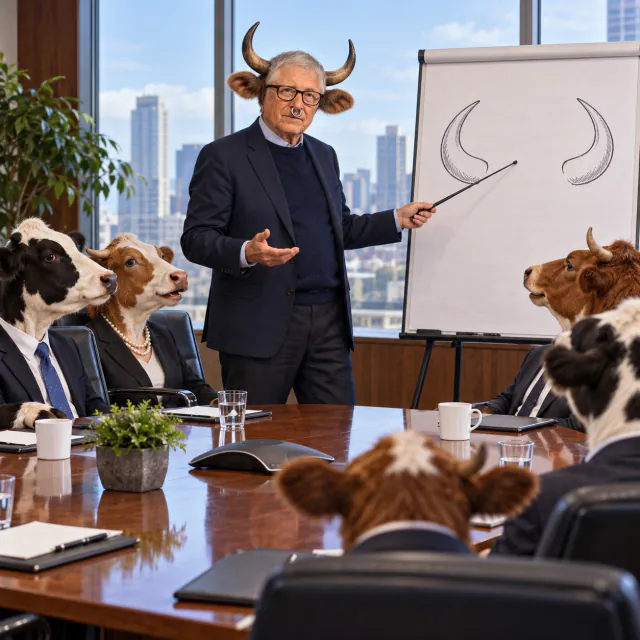 Bull Gates presenting a horn-shaped chart to a boardroom full of cows in executive chairs