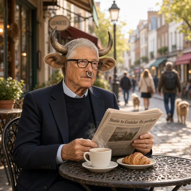 Bull Gates reading a newspaper over coffee at a sidewalk café