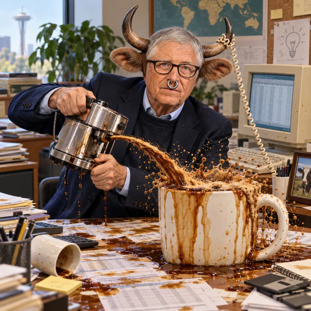 Bull Gates wrestling an overflowing espresso machine at a chaotic 1990s computer desk