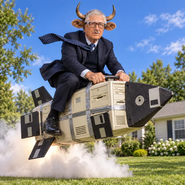 Bull Gates riding a tiny rocket made from beige computer towers and floppy disks above a lawn