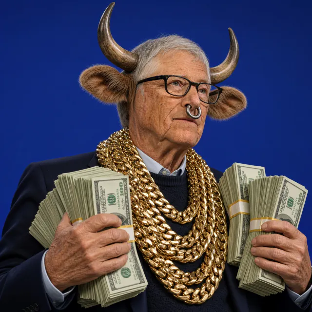 Bull Gates wearing gold chains and holding bundles of cash