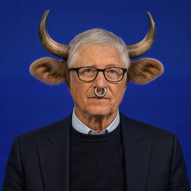Parody image of Bill Gates with bull horns, ears, and a nose ring